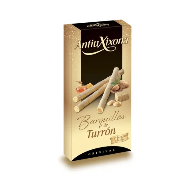 Estuche de Barquillos rellenos de Turrón ANTIU XIXONA Etiqueta Negra 75 g.