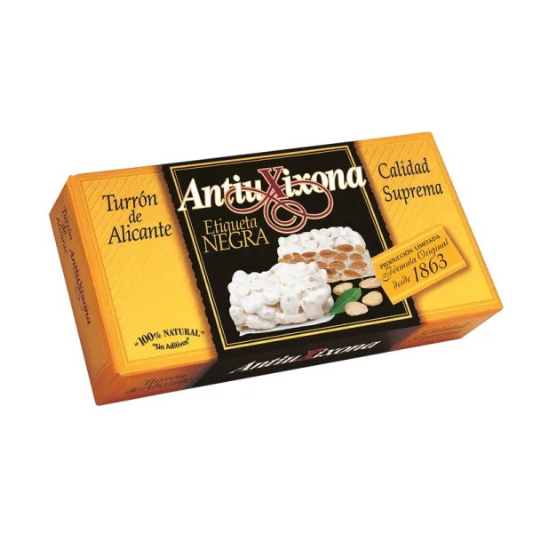 Estuche Turrón Alicante ANTIU XIXONA ETIQUETA NEGRA - 64%  Almendra Marcona -  200 g.