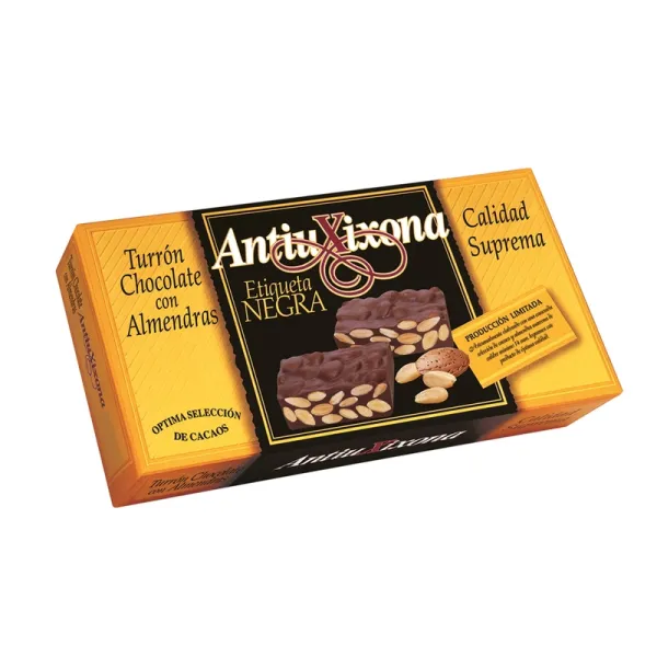 Estuche Turrón Chocolate con Almendras ANTIU XIXONA ETIQUETA NEGRA - 150 g.